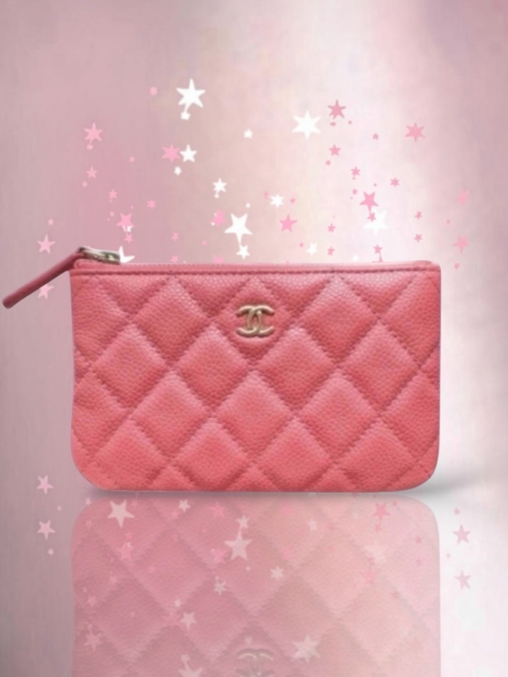 💞CHANEL Shiny Grained Calfskin (CAVIAR) Wallet Clutch Pouch CC Logo • PINK • GHW